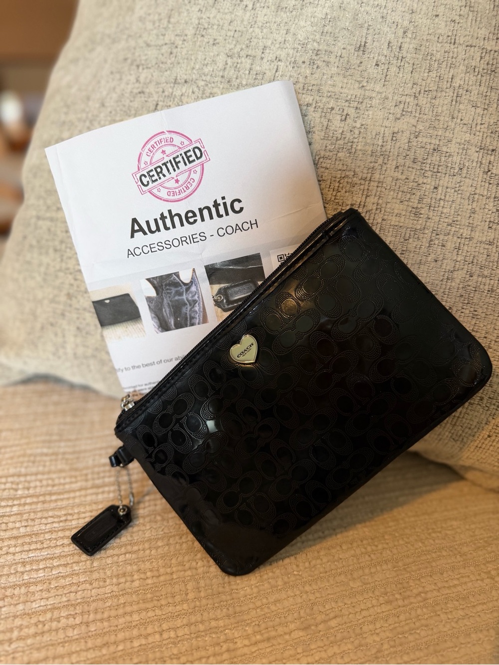 Coach Black Patent Embossed Signature Mini Bag with Heart Charm 8x6